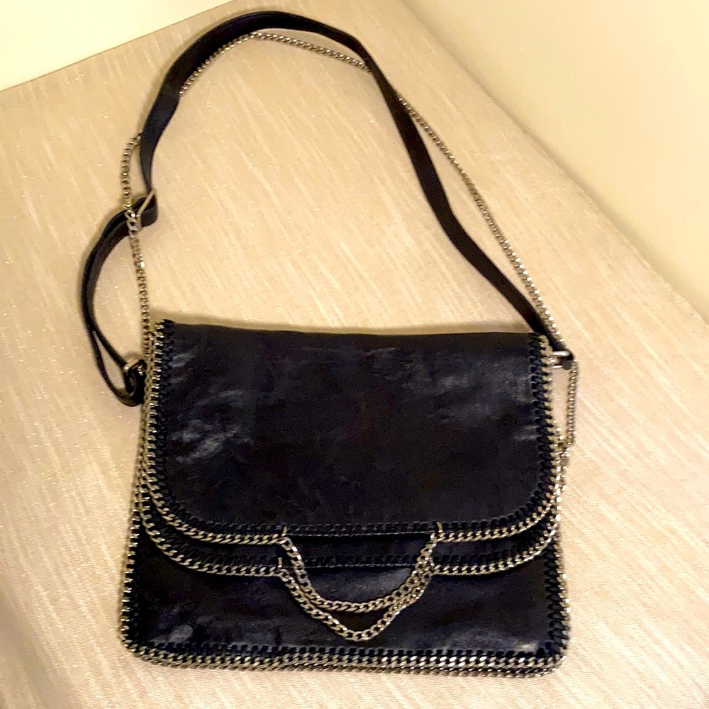 Dkny Navy Leather Convertible CrossBody Chain Bag Gem